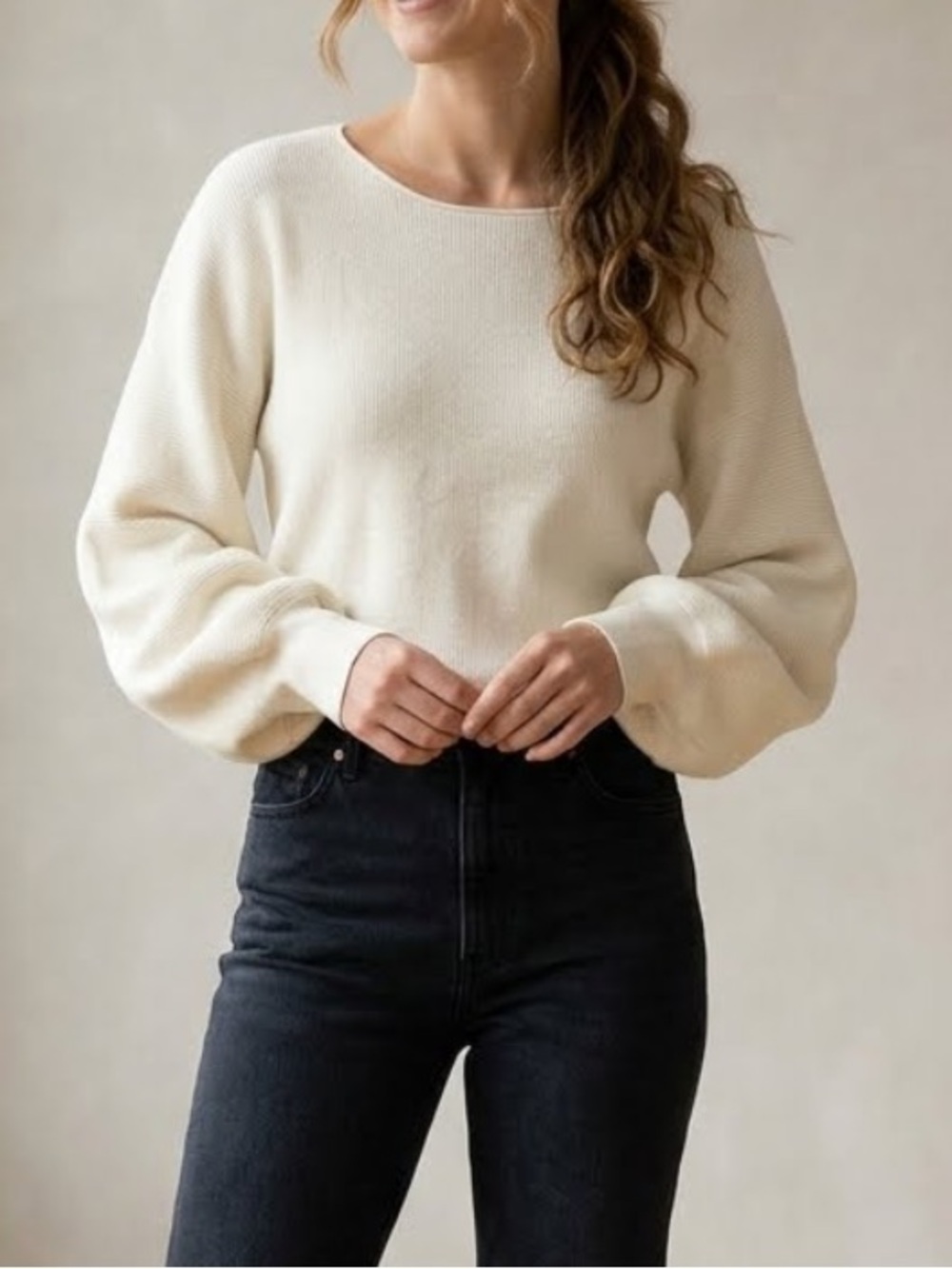ISALIS Ivory Ribbed Balloon Sleeve Sweater Medium